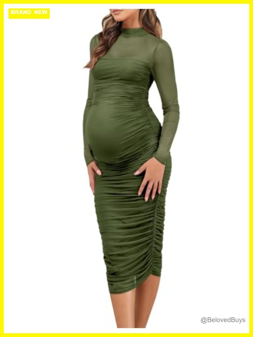 Mock Neck Long Sleeve Bodycon Midi Maternity Dress Mesh Ruch